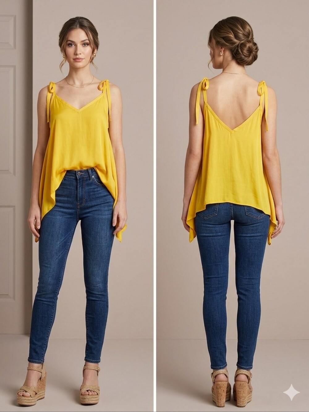 ZARA YELLOW GOLD SPAGHETTI TIED SHOULDER STRAPS V NECK BLOUSE
